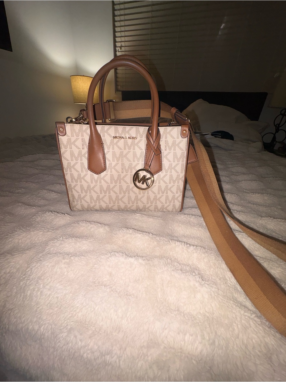 Michael Kors Beige & Brown Logo Satchel with Adjustable Strap